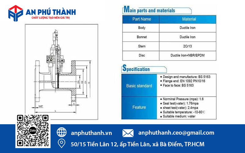 Bảng thông số kỹ thuật van cổng ty chìm nắp chụp YDK