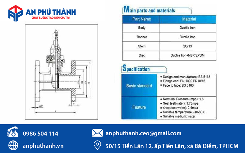 Bảng thông số kỹ thuật van cổng ty chìm nắp chụp YDK