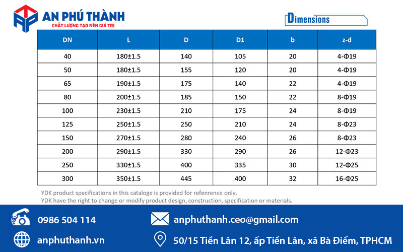 Bảng kích thước van cổng ty nổi 