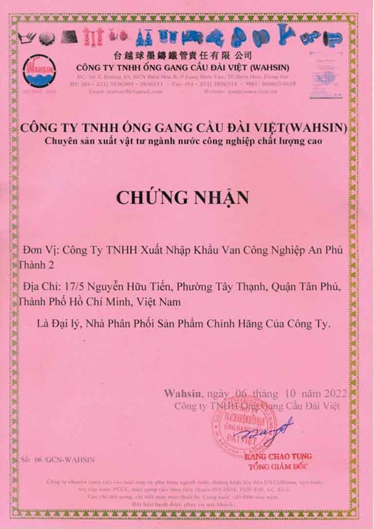 Chứng nhận ủy quyền phân phối chính hãng các sản phẩm Đài Việt.