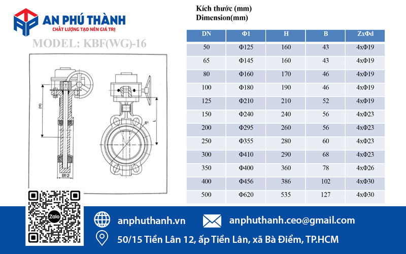 bảng kích thước tiêu chuẩn van bướm tay quay YDK