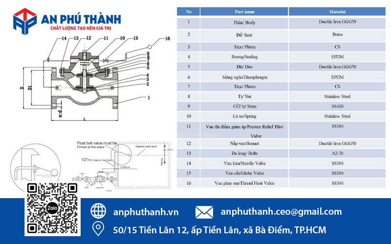 Cấu tạo và chất liệu van phao mặt bích YDK - Model KCV100