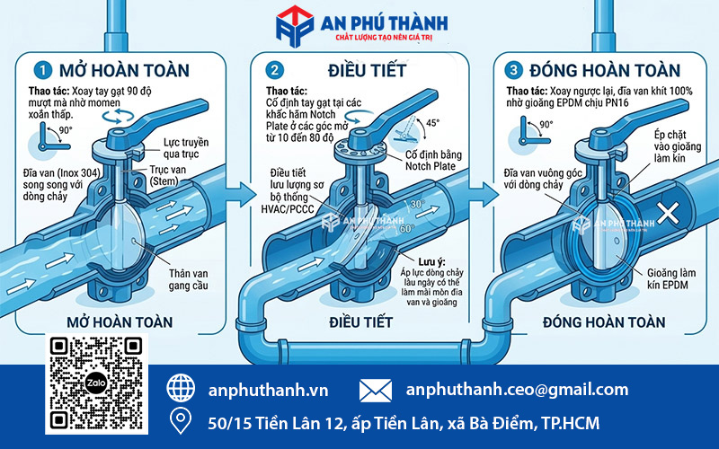 Nguyên tắc vận hành van bướm tay gạt