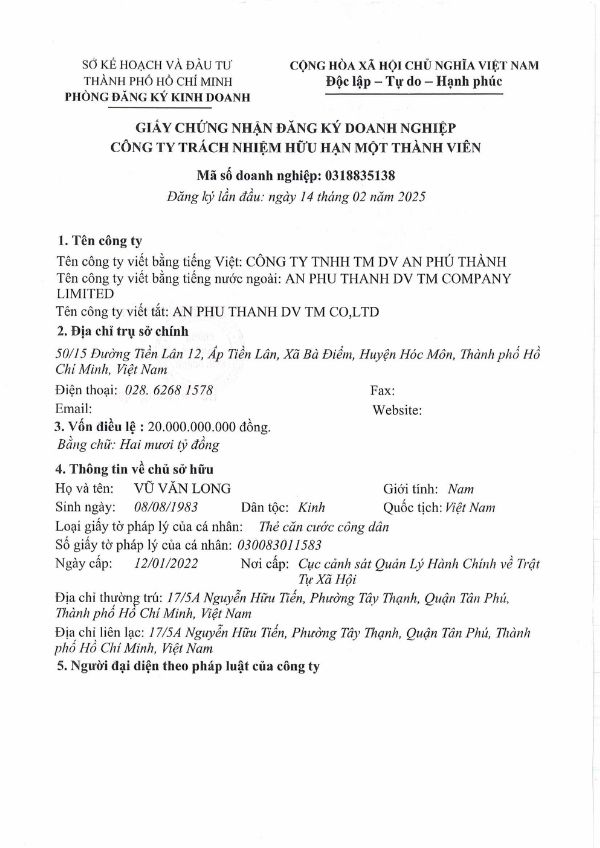 Giấy phép kinh doanh của công ty An Phú Thành
