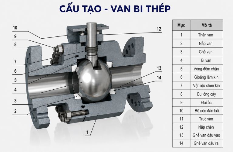 Cấu tạo của van bi thép rèn