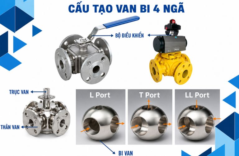 Cấu tạo của van bi 4 ngã